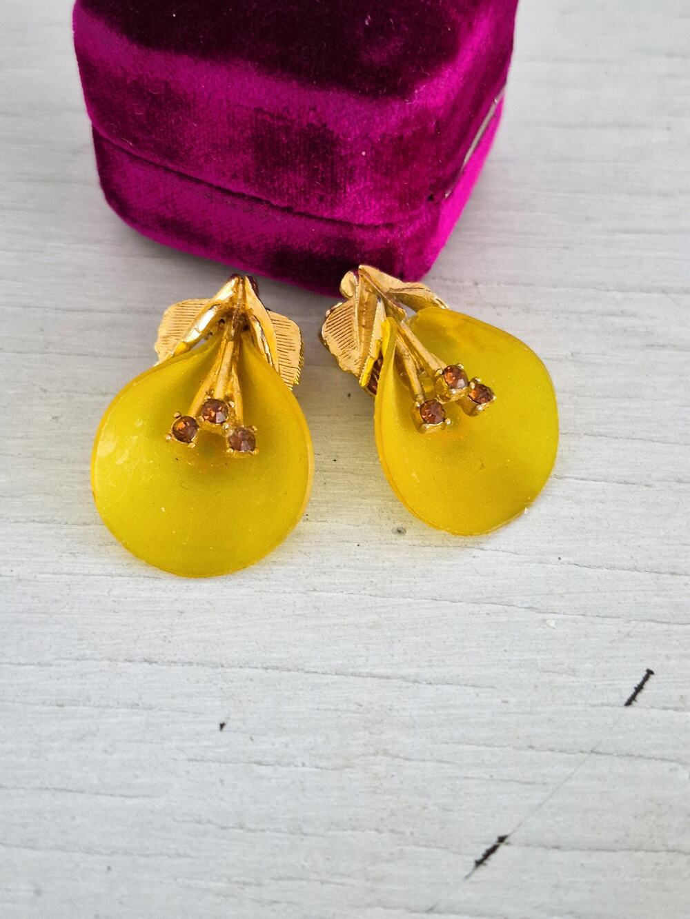 Vintage Mid-Century Yellow Calla Lily Lucite and Rhinestone Clip On Earrings